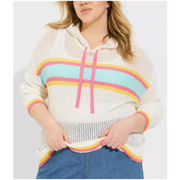 torrid Tops - New Torrid Women's White Striped Pointelle Boxy Hoodie Size 00 M/L Coastal Chic